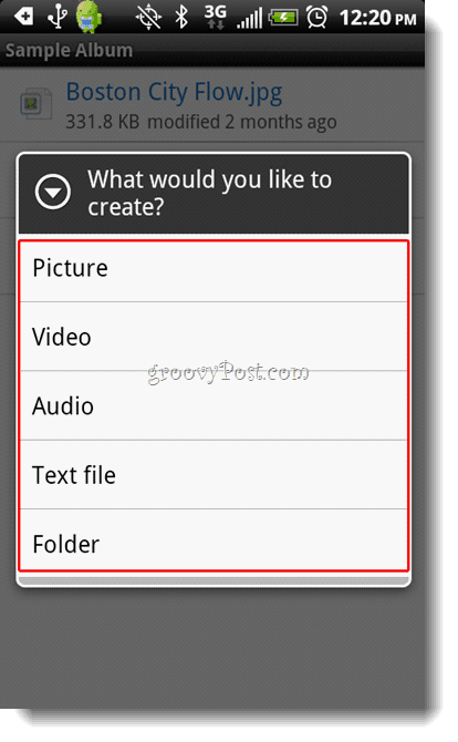 Android Dropbox izbornik za stvaranje