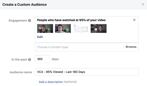 Postavljanje opcija za stvaranje Facebook prilagođene publike ljudi koji gledaju video na Facebooku ili Instagramu.