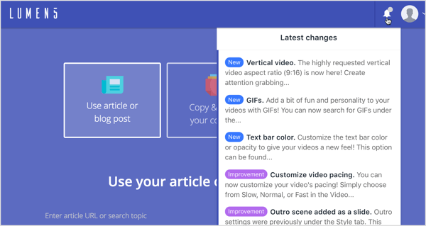 Kliknite izbornik obavijesti da biste pročitali najnovije promjene i poboljšanja Lumen5.