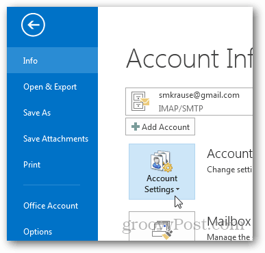 kako stvoriti pst datoteku za Outlook 2013 - kliknite postavke računa