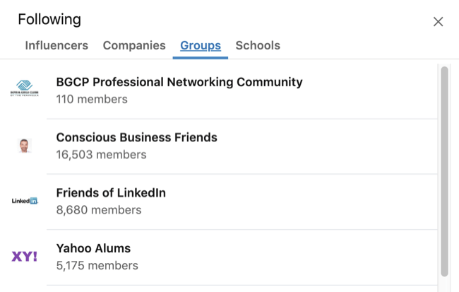 LinkedIn profil proširio je okvir Interesi s odabranom karticom Grupa