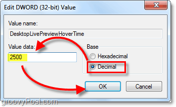 prilagodite svojstva dword-a na decimalne vrijednosti i vrijednosti na 2500 za Windows 7 DesktopLivePreviewHoverTime
