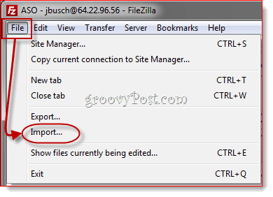 Uvoz unosa FileZilla Site Manager