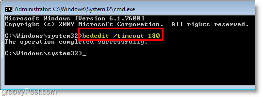 Snimak zaslona sustava Windows 7 - unesite bcdedit / timeout 180 u cmd