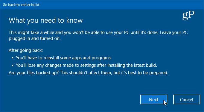 detalji o povratu na prethodnu verziju sustava Windows 10