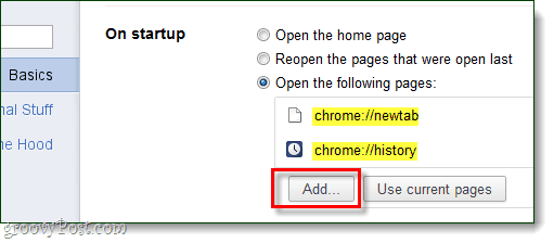 Chrome pokretanje Dodajte stranice za otvaranje