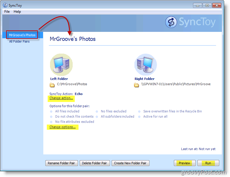 Snimka zaslona glavnog izbornika Microsoft SyncToy