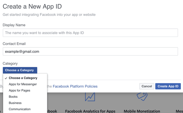 Ispunite detalje za svoju novu Facebook aplikaciju.