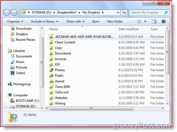 Dropbox mapa u sustavu Windows 7 View