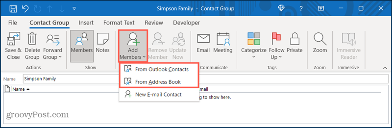 Dodajte članove u novu grupu kontakata u programu Outlook