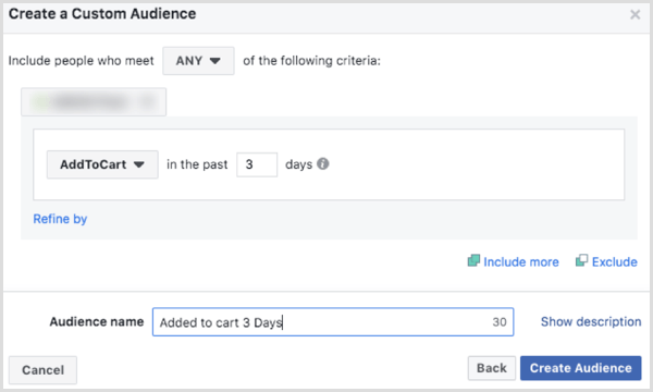 Odaberite opcije za stvaranje prilagođene publike na Facebooku na temelju događaja AddToCart