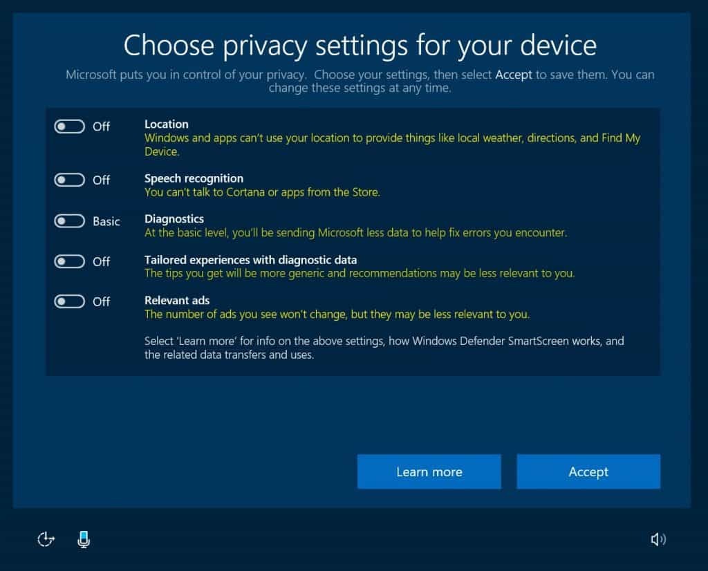 Windows 10, Privatnost, Ažuriranje autora, OOBE