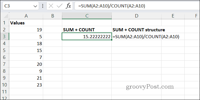 SUMCOUNT prosječni rezultat u Excelu