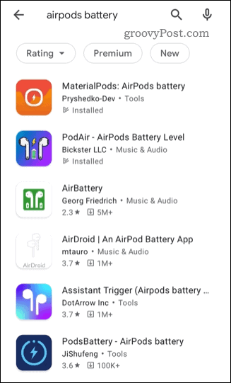 Popis statusnih aplikacija za AirPods trećih strana u Trgovini Google Play