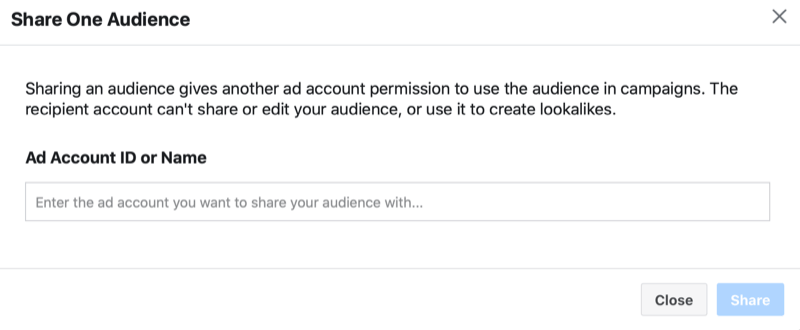 facebook upravitelj oglasa podijelite prilagođenu publiku> podijelite izbornik jedne publike s opcijom dodavanja ID-a ili naziva oglasnog računa