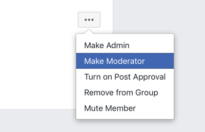Kako poboljšati zajednicu Facebook grupa, opcija izbornika Facebook grupe kako bi član postao moderator 