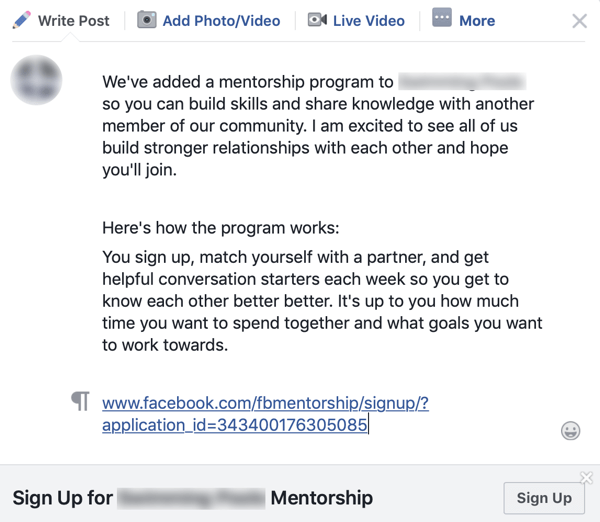 Kako poboljšati zajednicu Facebook grupa, primjer najave grupe za Facebook program mentorstva