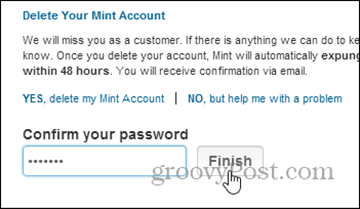 potvrdi brisanje lozinkom - izbriši račun mint.com