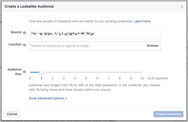 Postavite veličinu publike nalik Facebooku. Veličinom možete upravljati pomoću klizača koji se pojavljuje kada stvarate publiku.