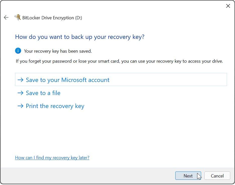 upotrijebite bitlocker za otvaranje ključa za oporavak sustava Windows 11