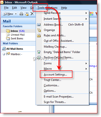 Otvorite postavke računa u programu Outlook 2007