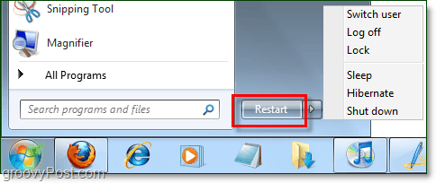 gumb za uključivanje sustava Windows 7 s promijenjenim svojstvima umjesto toga ponovo se pokreće