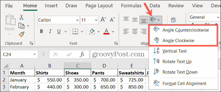 Odaberite kut orijentacije u Excelu za rotiranje teksta