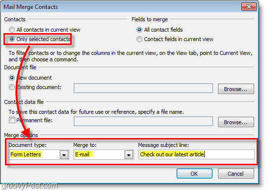 Snimka zaslona programa Outlook 2010 - provjerite jesu li opcije točne pod kontaktima za spajanje pošte