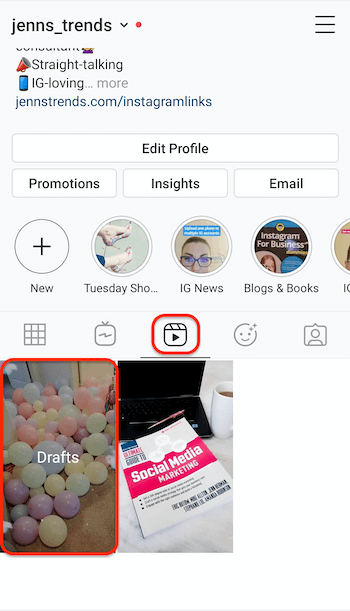 snimak zaslona kartice instagram koluti na profilu koji prikazuje rezervirano mjesto za skice koluta