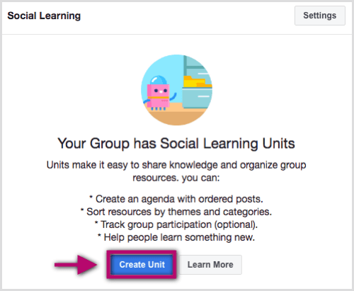 Idite na karticu Jedinice unutar svoje Facebook grupe i kliknite Stvori jedinicu.