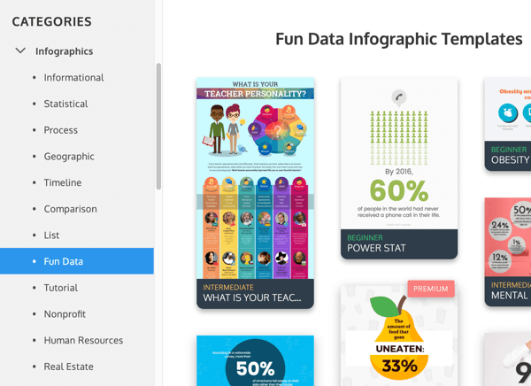 Primjeri Venngage infografskih kategorija pod Zabavni podaci.