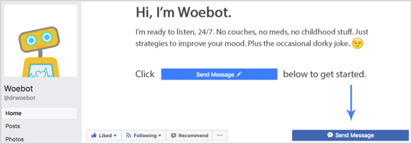 Gumb Pošalji poruku na Facebook stranici Woebot.
