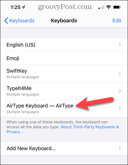 Dodirnite AirType tipkovnicu na popisu iPhone tipkovnica