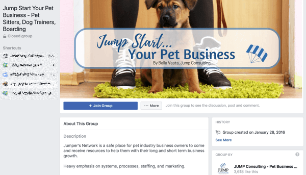 Kako koristiti značajke Facebook grupa, primjer grupe za Jump Start Your Pet Business