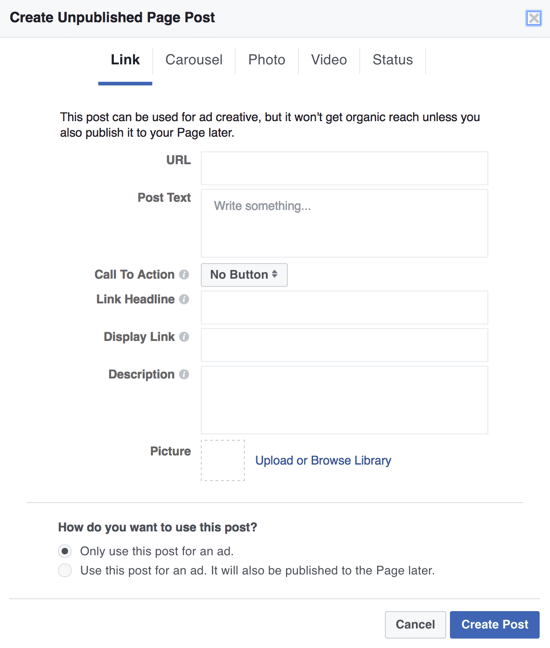 Da biste stvorili tamne postove na Facebooku kao oglase, možete koristiti Power Editor i odabrati Only Use This Post for Ad.
