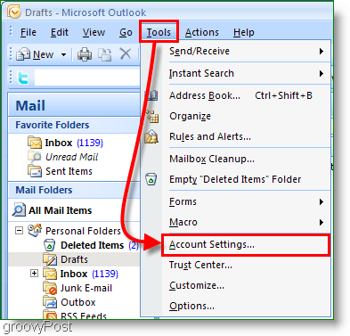 Snimak zaslona kalendara Outlook 2007 - postavke računa