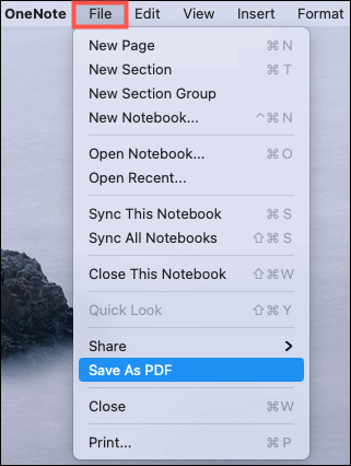 Spremi kao PDF OneNote Mac