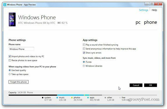 postavke telefona Windows 8, postavke telefona Windows