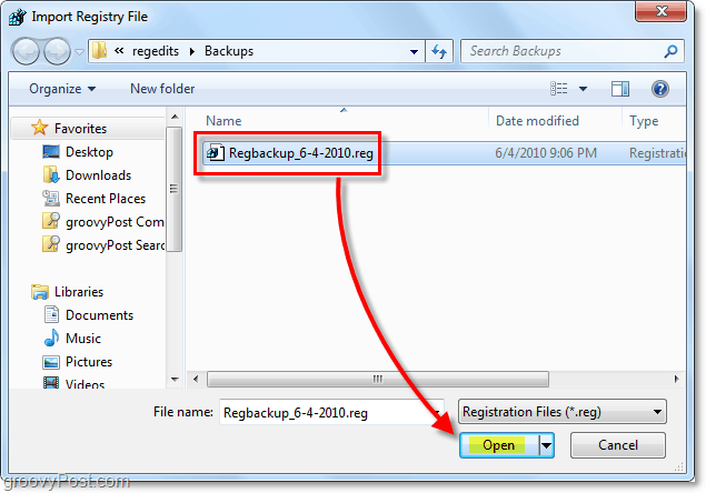 odabir vraćanja registra u Windows 7 i Vista za uvoz
