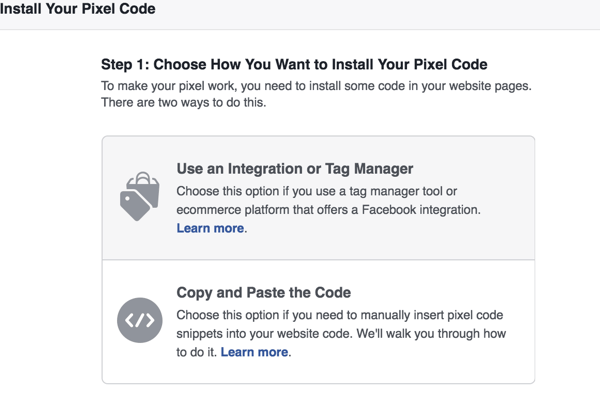 Odaberite metodu koju želite koristiti za instalaciju Facebook piksela.