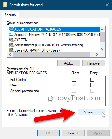 Kliknite Napredno u dijaloškom okviru Dozvole u Windows registru