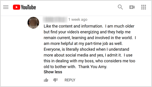 Amy Landino dobila je pozitivne povratne informacije o svom video sadržaju od svoje publike. Na primjer, korisnik komentira da njezini videozapisi pomažu da ostanem aktualna, učim i sudjelujem u svijetu. Korisniji sam i na honorarnom poslu.