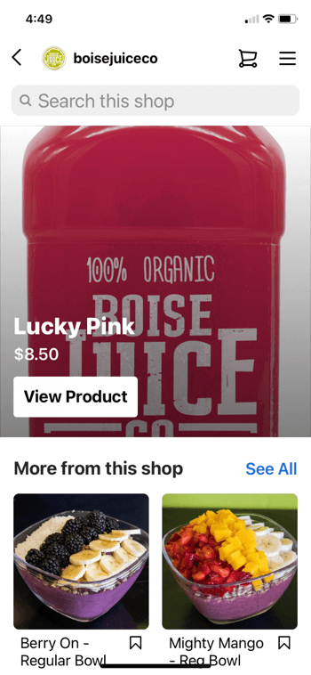 primjer instagram kupovine proizvoda iz @boisejuiceco koji prikazuje sretnu ružičastu boju za 8,50 dolara i manje od ovoga trgovina se pojavljuje obična zdjelica bobica i moćna zdjelica manga, zajedno s opcijom pretraživanja trgovine