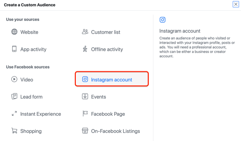 facebook upravitelj oglasa stvorite prilagođeni izbornik publike s istaknutom opcijom instagram računa