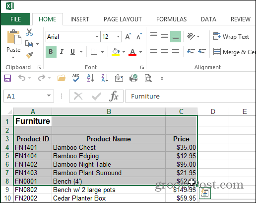 Odaberite Document Area Excel