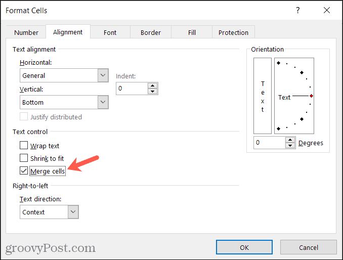 Prozor formatiranja ćelija, Spajanje