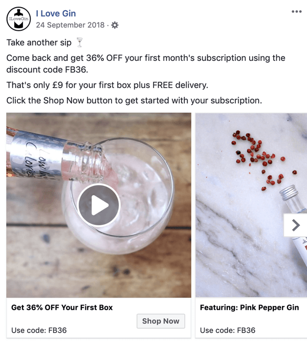 Kako stvoriti Facebook dosegnuti oglase, korak 8, primjer oglasne reklame I Love Gin