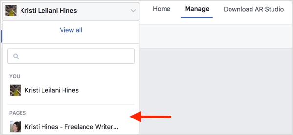 Da biste stvorili Facebook okvir za svoj događaj, idite na Manage Effects i odaberite svoju Facebook stranicu.