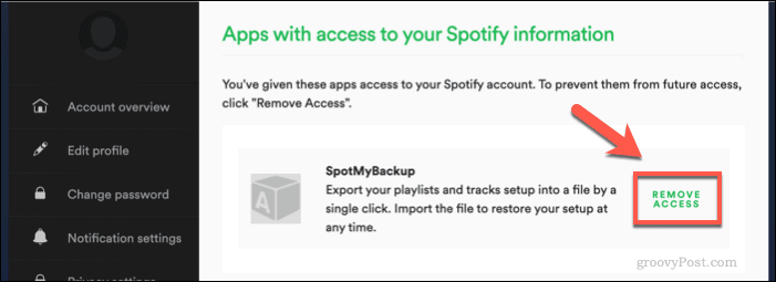 Ukidanje pristupa SpotMyBackupu Spotifyu