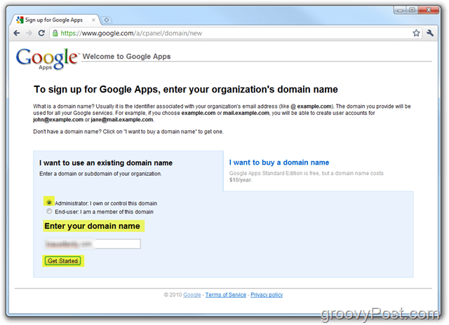 Registracija unesite domenu u Google Apps Standard Edition